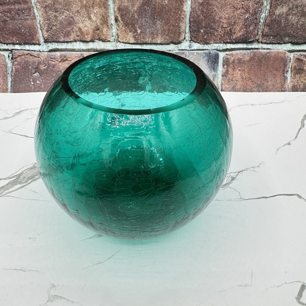 Vintage Emerald Green Candle Holder Globe Vase Crackle Glass 5in